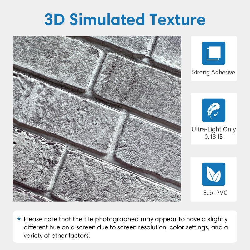COMSTICKC 3D Gray Brick Wall Panel, Peel and Stick Brick Tiles, 10 Pcs of 12"X12", Small Size Thin PVC Faux Brick Self Adhesive Brick Wall Covering Fake Brick Paneling Background - Image 3
